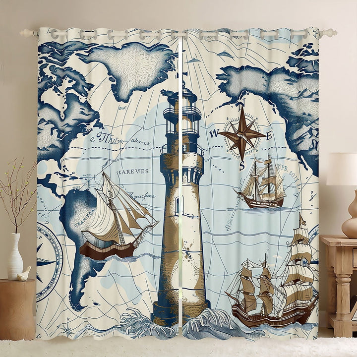 YST Nautical Theme Blackout Curtains Vintage Lighthouse Curtains &amp; Drapes, Sailboat Compass Curtains World Map Longitude Latitude Black Out Curtains, Sea Ocean Wave Window Drapes