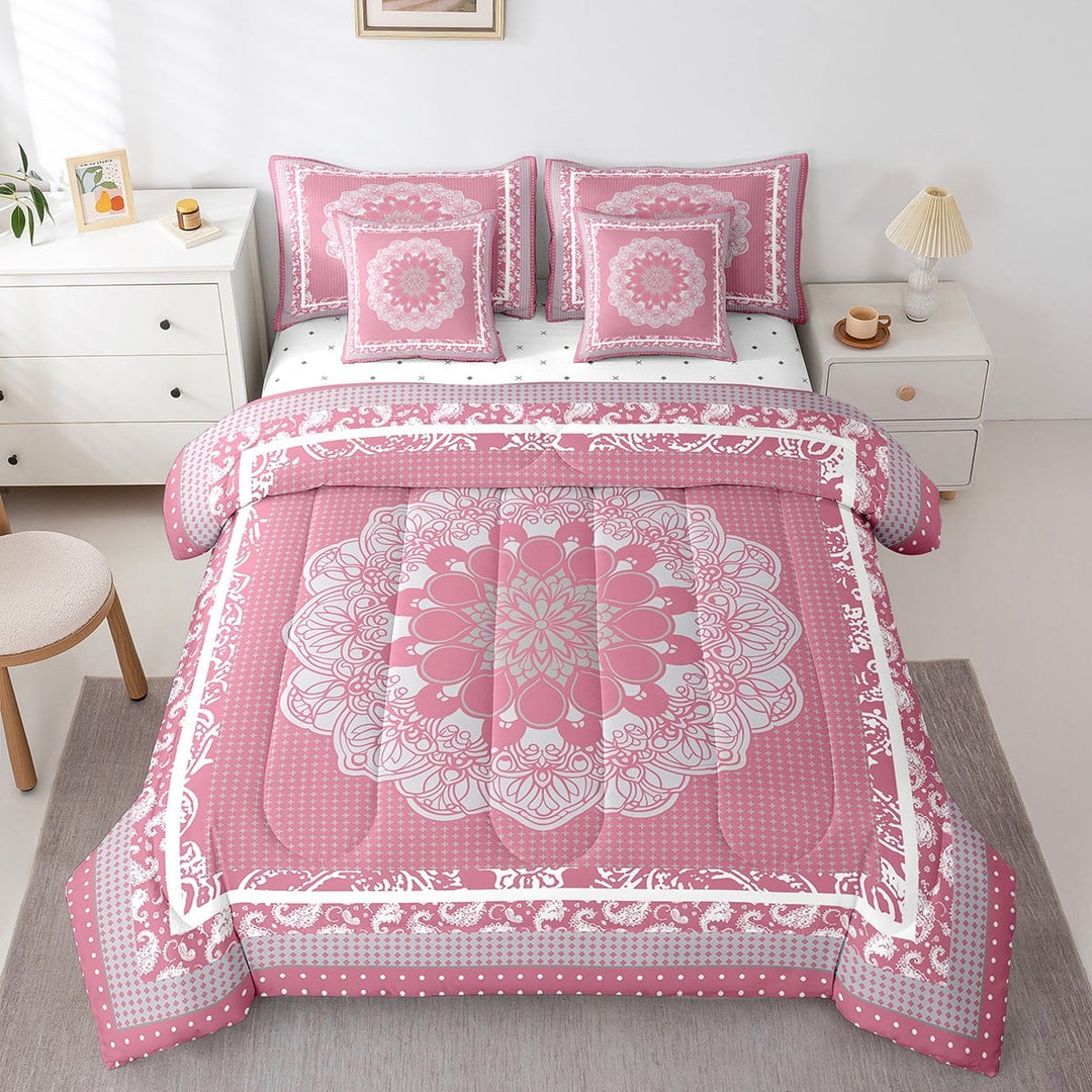 Hippie Mandala Bedding Full Size 7 Pieces Pink Floral Comforter Set, Bohemian Paisley Bedding Comforter Sets Tribal Exotic Style Bed in a Bag, Geometric Abstract Flower Bedding Accessories