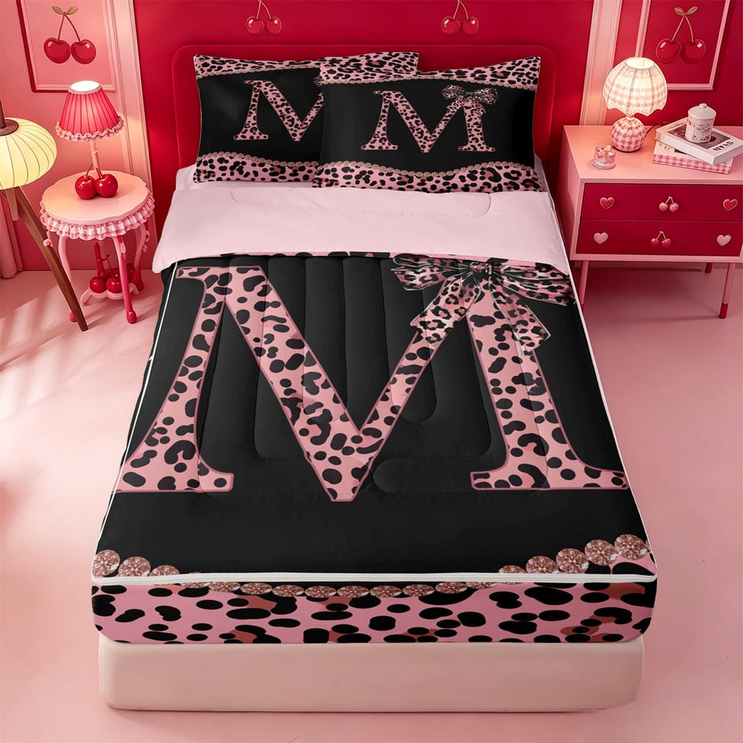 meiyoeat Pink Coquette Bowknot Zipper Twin Comforter Sets with Fitted Sheet and 2 Pillowcases For Leopard Bow Lover,Kids Personalized Initial M Zipper Bedding Set,pink Reversible,4 Pieces