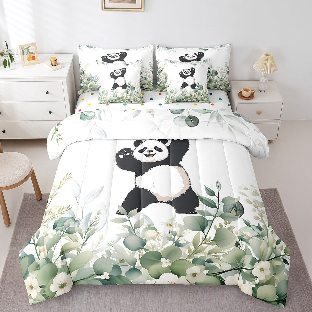 Funny Panda Bedding Comforter Sets 7pcs Green Eucalyptus Bed in a Bag, Woodland Animal Wildlife Twin Bedding Sets Botanical Plant Leaves Comforter Set, Cartoon Bear Bedding Sets