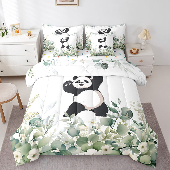 Funny Panda Bedding Comforter Sets 7pcs Green Eucalyptus Bed in a Bag, Woodland Animal Wildlife Twin Bedding Sets Botanical Plant Leaves Comforter Set, Cartoon Bear Bedding Sets
