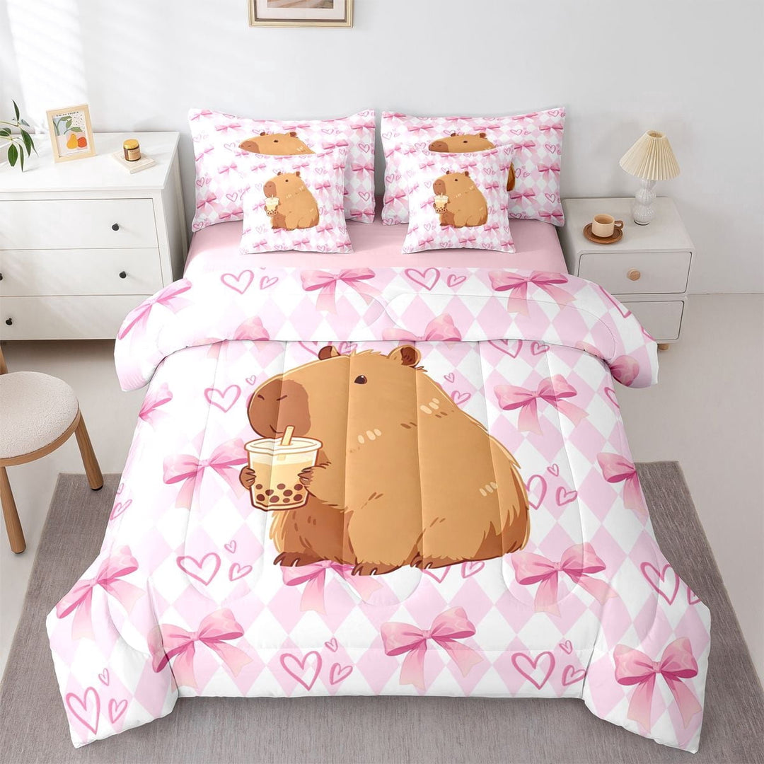 Erosebridal Kids Kawaii Capybara With Bubble Tea Twin Bedding Sets 7-Piece,Boys Girls Cute Ribbon Bow Geometric Plaid Bedding Comforter SetPink Reversible