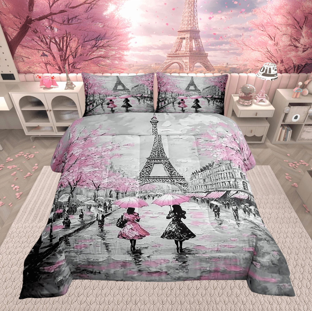 Erosebridal Pink Paris Eiffel Tower Comforter Set Full Size French Style Couple Lover Flower Bedding Sets Women Quilted Duvet 1 Comforter + 2 Pillow Cases Romantic Bedroom Decor