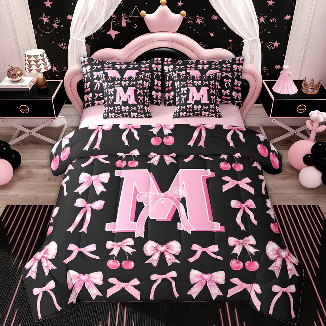 Erosebridal Kids M Letter Twin Bedding Sets, Black Pink Bowknot Cherry Bedding Comforter Set, 7 Pieces