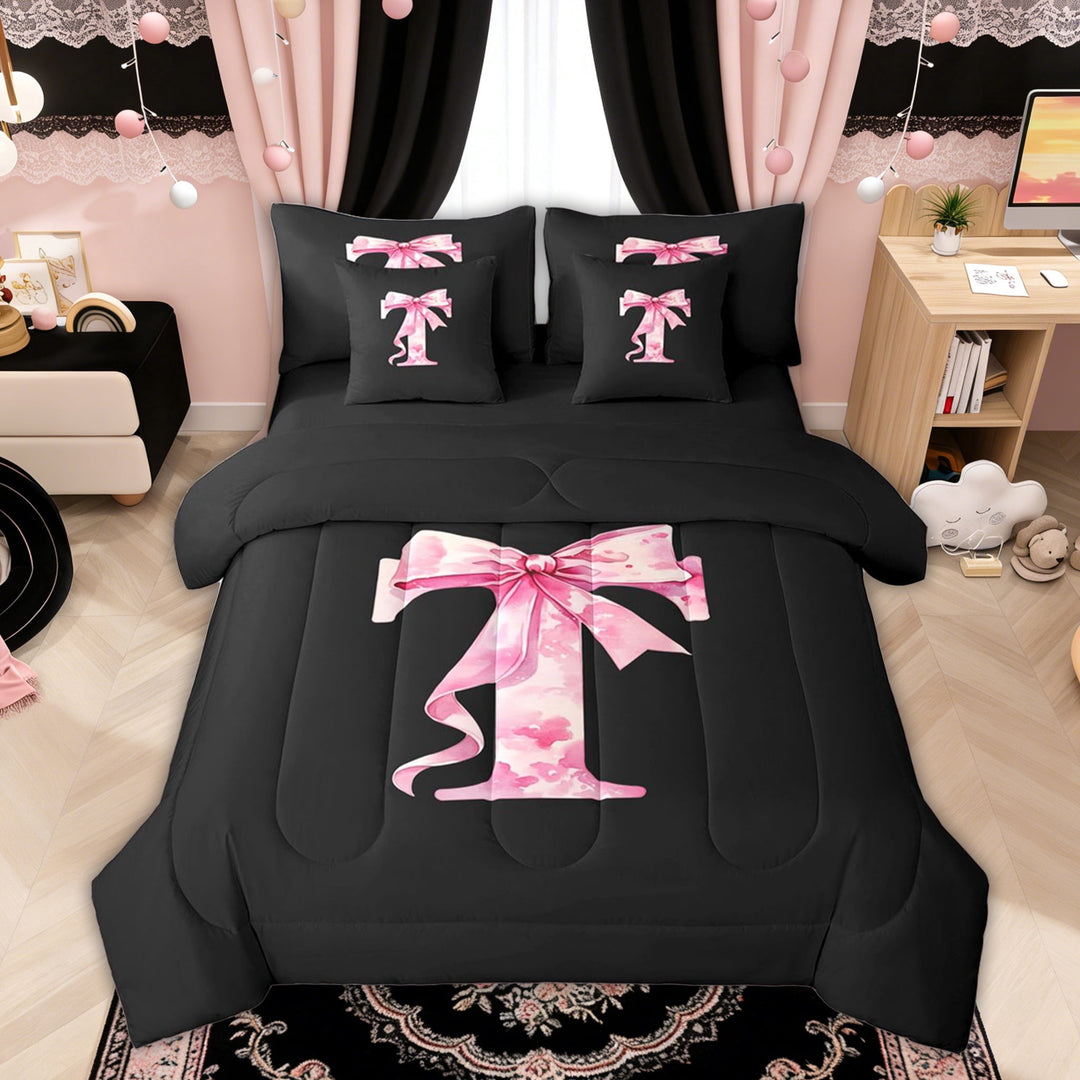 Manfei Watercolor Bow Letter T Twin Bedding Sets for Girls, Black Pink Initial Bedding Comforter Set, Black Reversible, 7 Pieces
