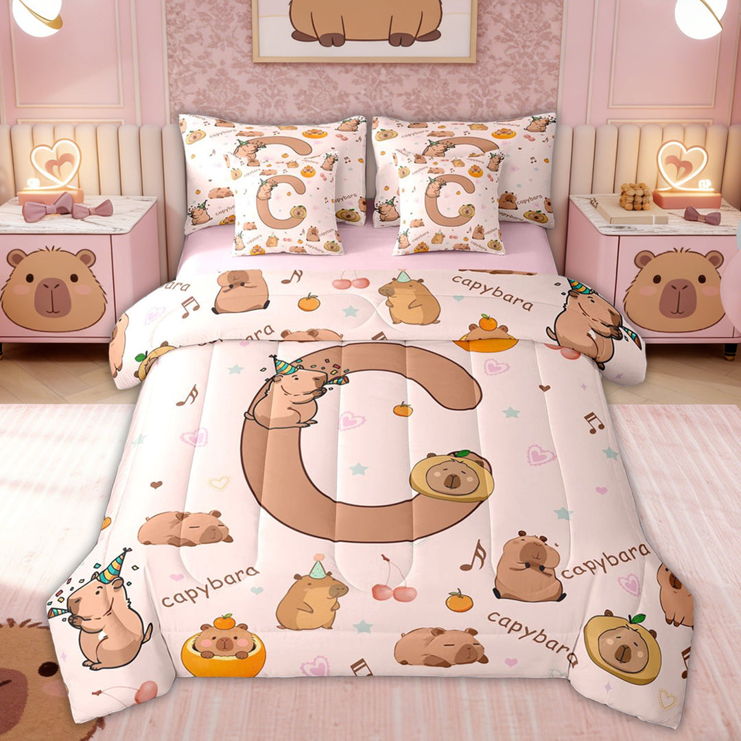 Erosebridal Capybara Animals for Kids Twin Bedding Sets, Cartoon C Letter Bedding Comforter Set, Pink Reversible, 7pcs