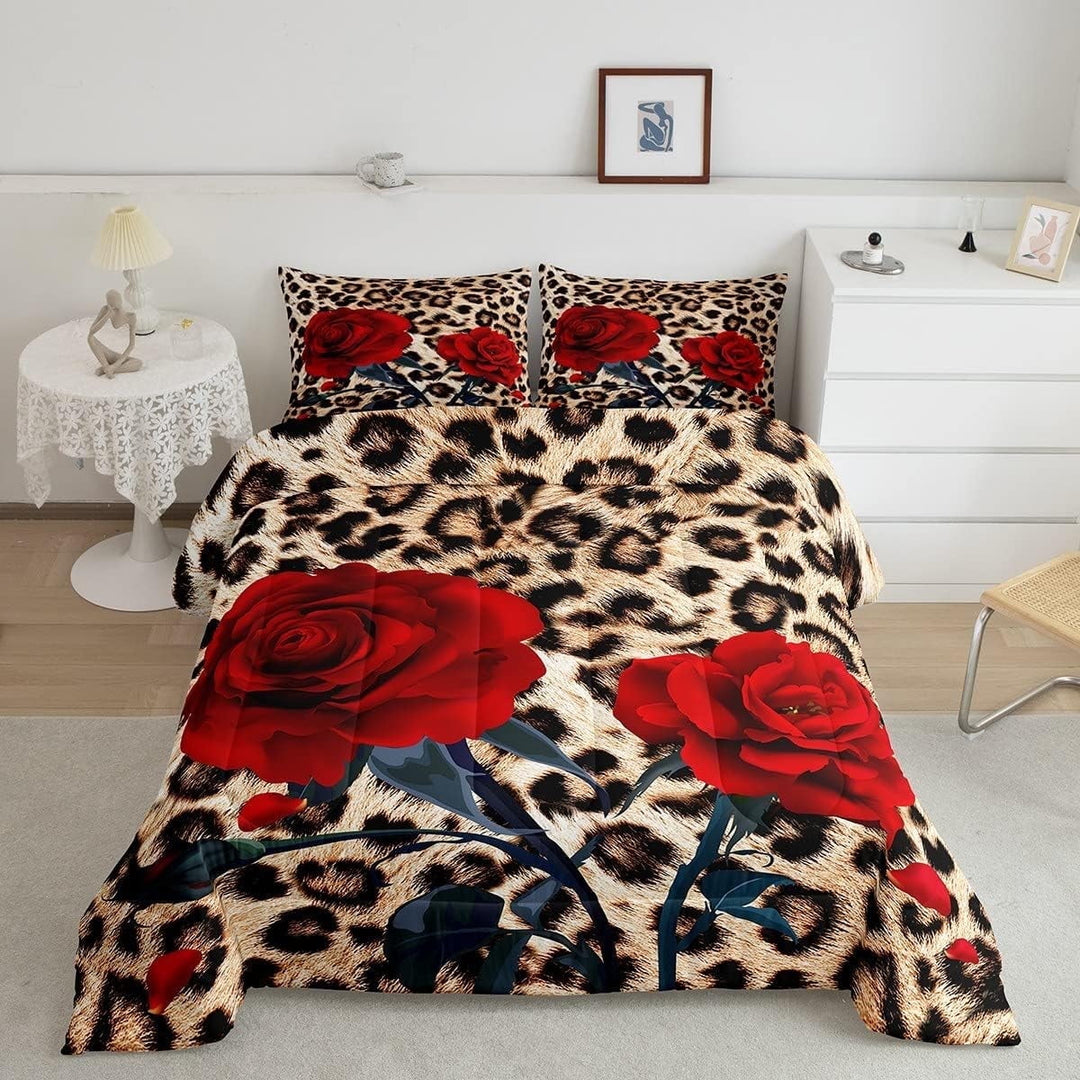 Erosebridal Rose Flower Comforter Set Women, Leopard Print Down Comforter King Size, 3D Red Floral Petal Bedding Set Cheetah Animal Skin Quilted Duvet for Bedroom Decor, Brown