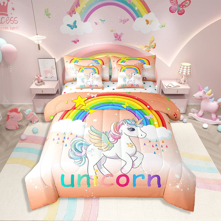 7 Pcs Comforter Set Twin Size,Rainbow Unicorn Bed in a Bag with Flat Sheet and Fitted Sheet Teens Adult,White Horse Floral Ombre Orange Bedding Set with Pillowcase and Sham