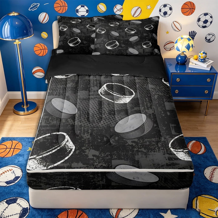 meiyoeat Black Hockey Puck Print Zipper Full Size Comforter Sets with Fitted Sheet and 2 Pillowcases,Vintage Sports Pattern Zipper Bedding Set,Reversible