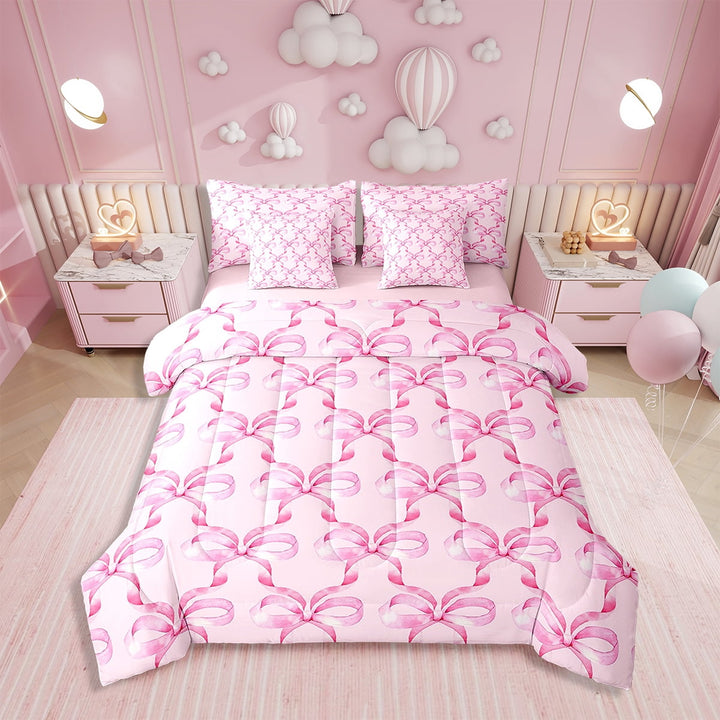 Erosebridal Twin Comforter Set,7 Pieces Pink Bowknot Bedding Sets Twin Bed in a Bag with Reversible Kawaii Bow Bed Set,Princess Comforter,Sheets,Pillowcases