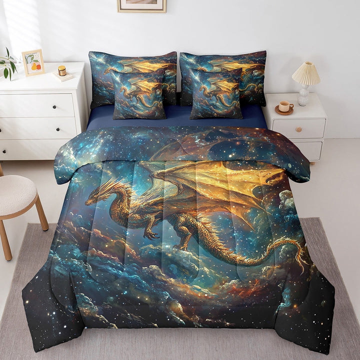 Fantasy Dragon Bed In A Bag 7 Piece Galaxy Starry Sky Bedding Set Twin Teen,Oil Painting Magical Animal Wildlife Comforter Set Western Dragon Bed Set With Pillow Covers