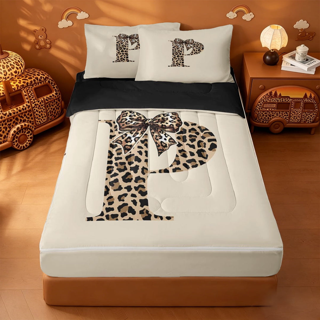 meiyoeat leopard Bow Monogram Zipper Full Size Comforter Sets with Fitted Sheet and 2 Pillowcases,Cheetah Print Initial P Zipper Bedding Set,Black Reversible,4-Piece