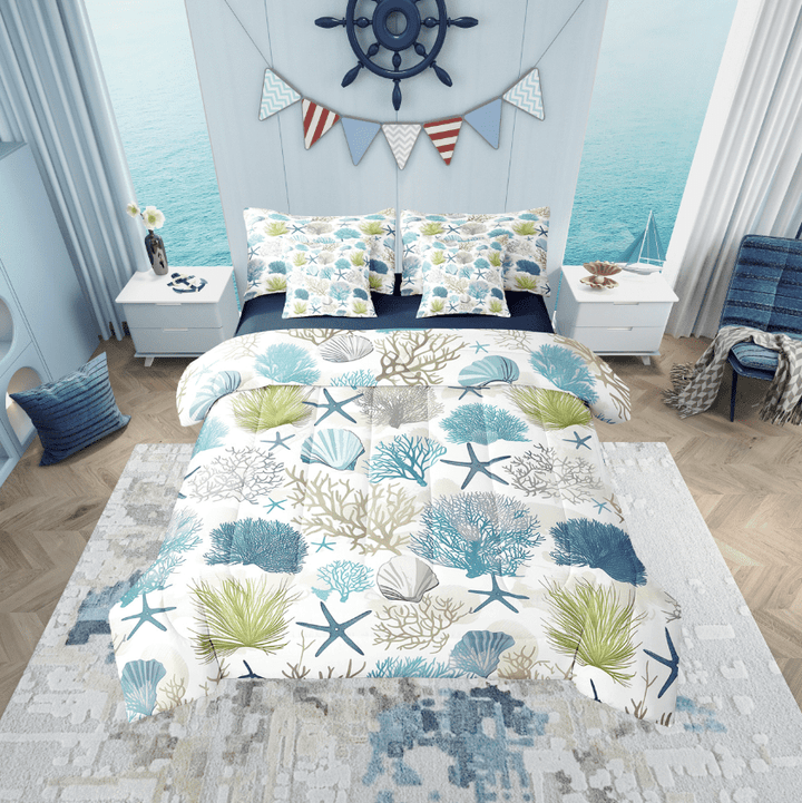Erosebridal Ocean Coral Bedding Sets Twin Size, Cute Starfish Comforter Sets with Sheets, Marine Plant Reversible Bed Set, Microfiber Bedroom Decor, 7 Pieces
