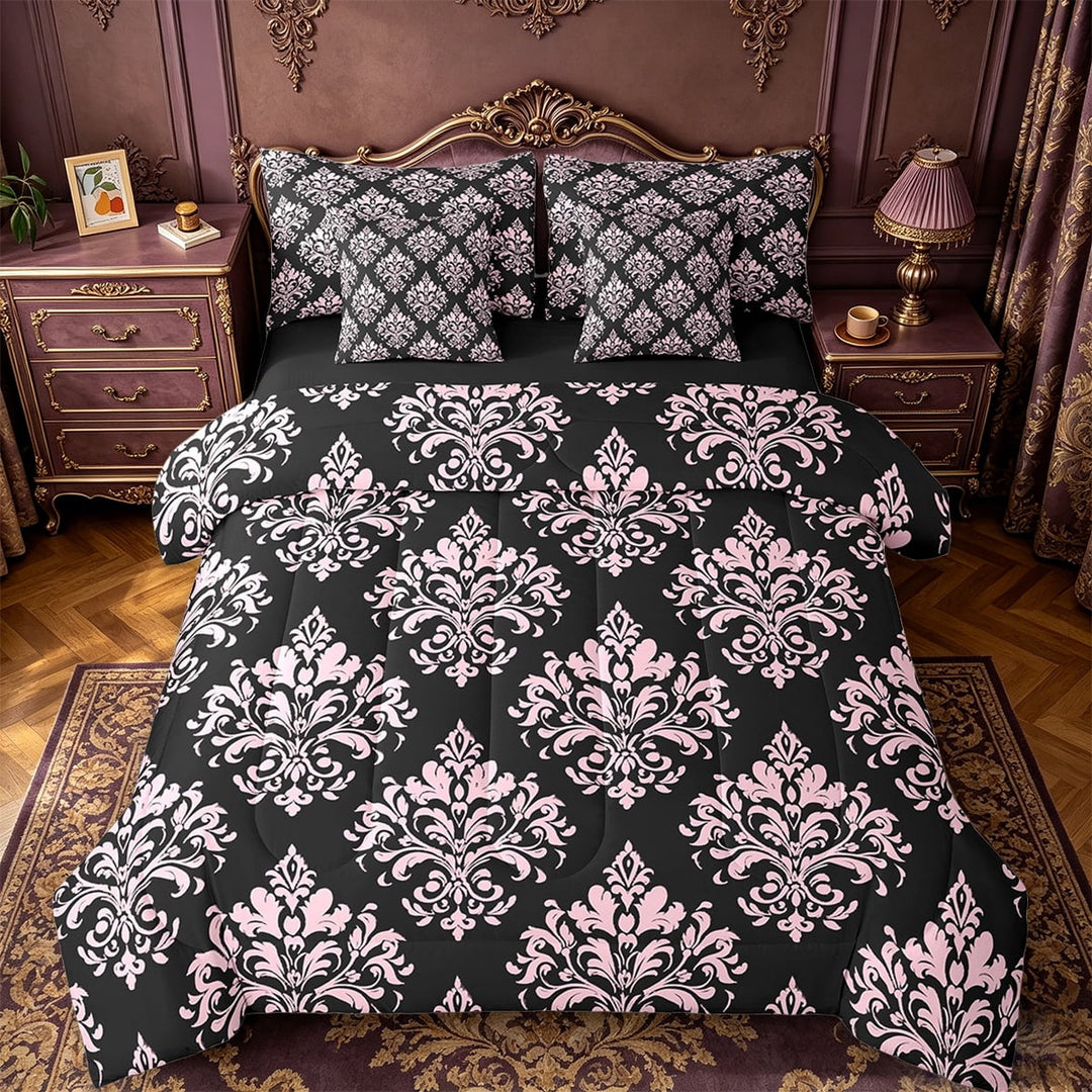 Erosebridal Gothic Floral Bedding Twin Size,Pink Black Jacquard Comforter Sets with Sheets,Boho Bohemain Flower Bedding Sets Twin Size,Lightweight Room Decor Reversible,7pcs