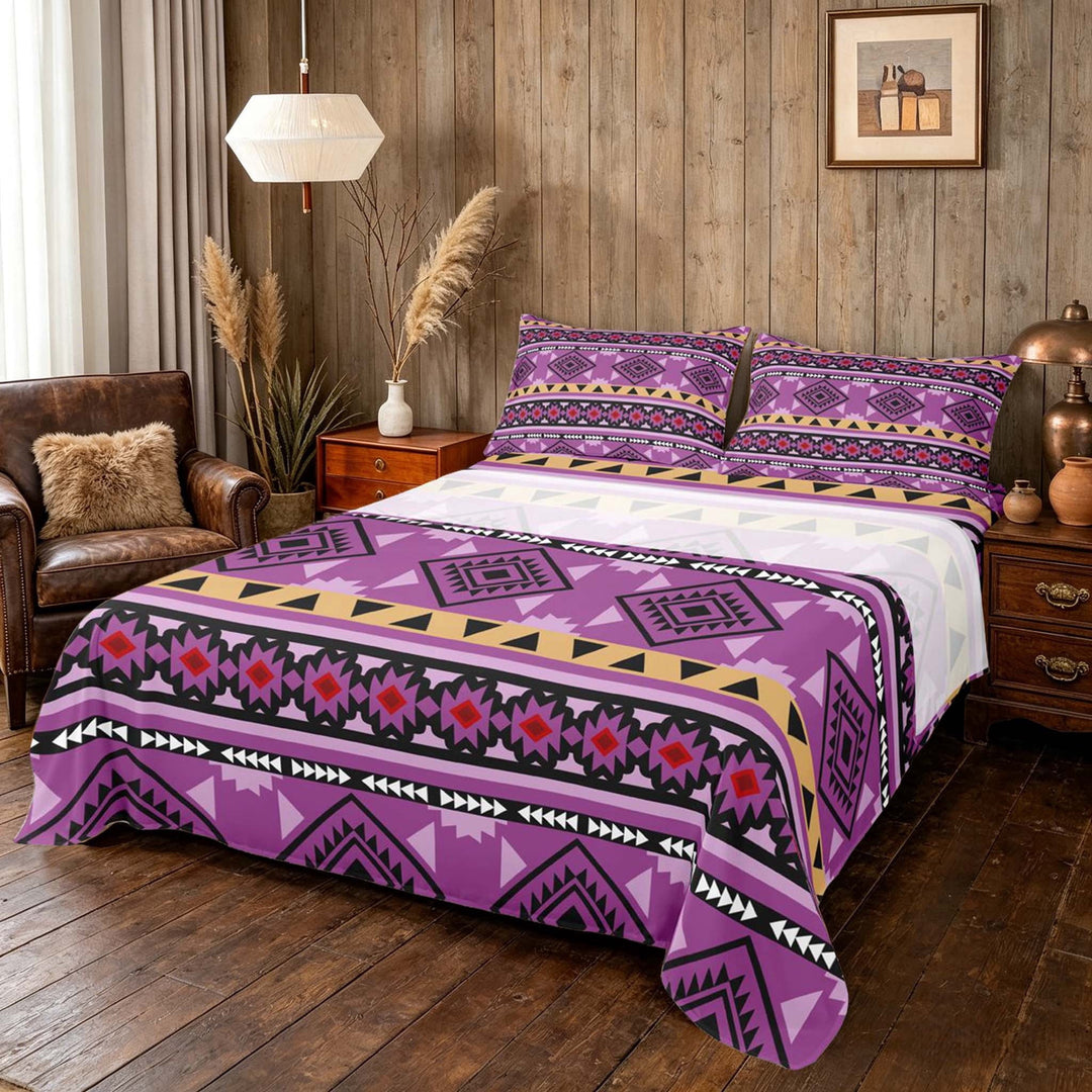 Manfei Southwestern Aztec Queen Sheets, , Purple Black Queen Sheet Sets, Black Reversible 4 Pieces1 Flat Sheet + 1 Fitted Sheet + 2 Pillowcases