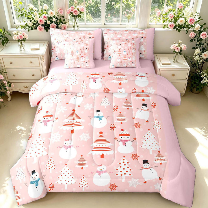 Manfei Cute Snowman 7 Pieces Full Size Bedding Sets,Polka Dot Christmas Tree Full Size Bed in a Bag,Pink,Christmas Reversible