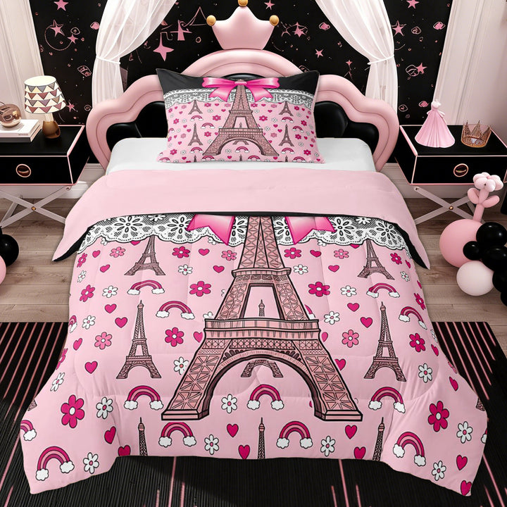 Erosebridal Princess Bowknot Girl Twin Comforter Sets, Paris Eiffel Tower Bedding Set, Black Pink, 2pcs
