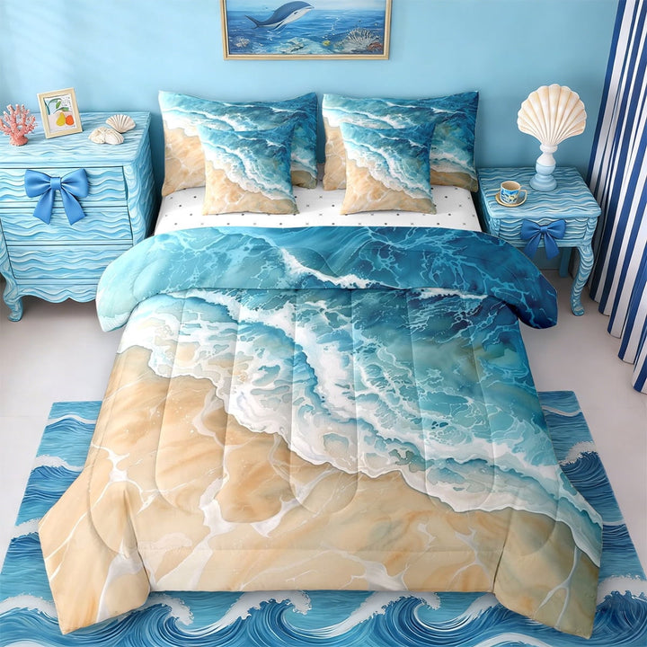 Erosebridal Beach Theme 7-Piece Twin Bedding Sets,Sea Ocean Wave Bedding Comforter Set For Girls Kids,Reversible