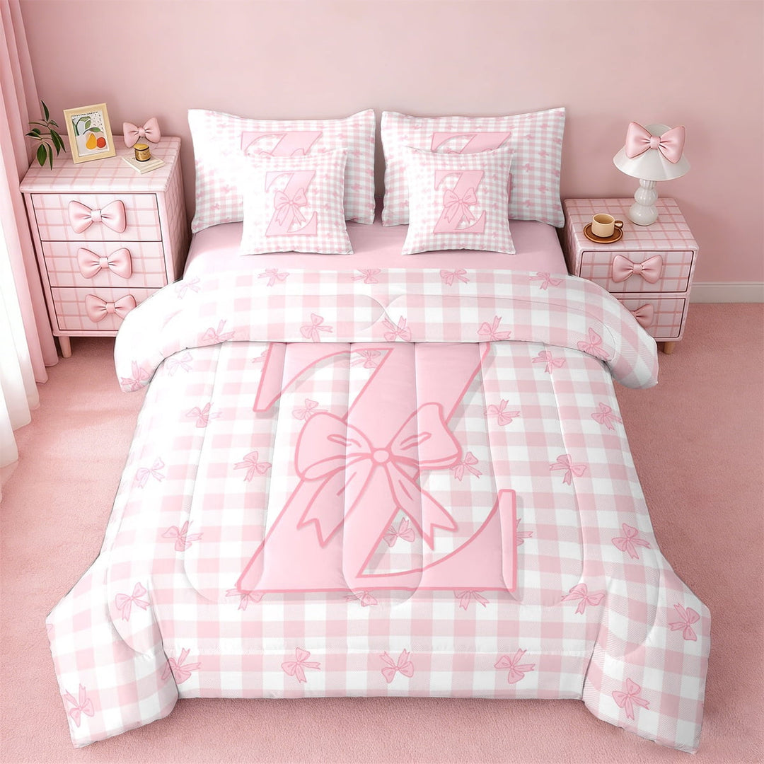jejeloiu Monogrammed Z Twin Bedding Sets 7-Piece,Cute Bowtie Bow Bedding Comforter Set,Pink Geometric Plaid Sheet Sets,Microfiber Room Decorative Reversible