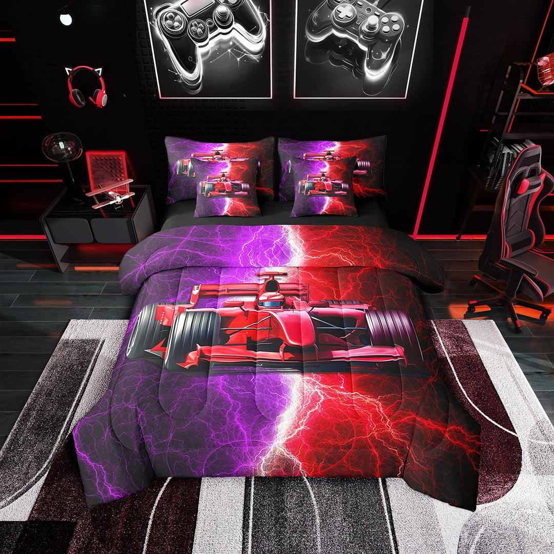 Erosebridal Purple Racing Car Bed in a Bag Twin size 7 Pieces, Lightning Print Bed Set, Reversible