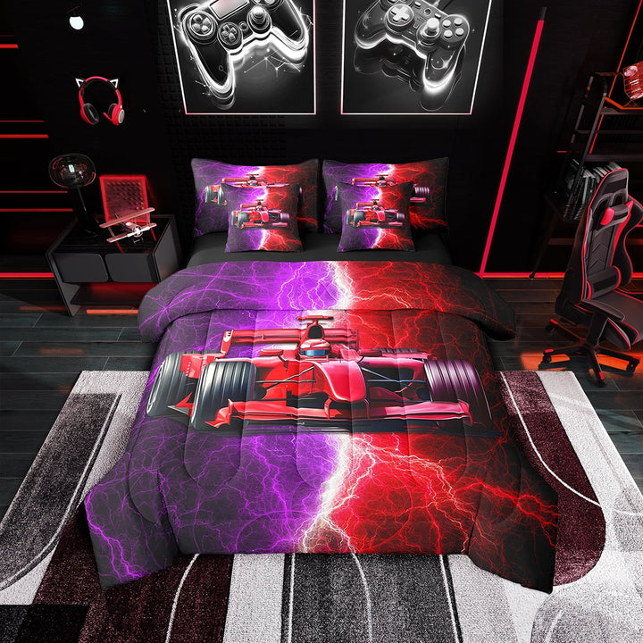 Erosebridal Purple Racing Car Bed in a Bag Twin size 7 Pieces, Lightning Print Bed Set, Reversible