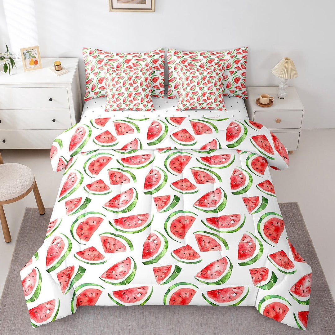 Erosebridal Watermelon Print Bedding Sets Queen Size, Kawaii Cartoon Comforter Sets with Sheets, Fresh Fruit Reversible Bedding Queen Size, Lightweight Bedroom Decor, 7 Pieces