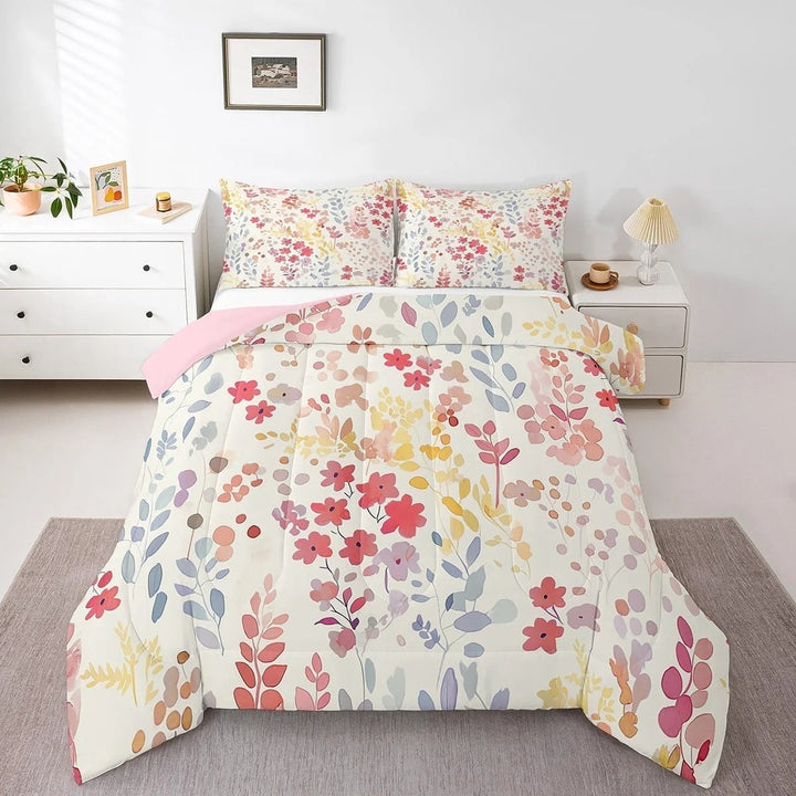 Cute Red Floral Comforter Set Twin Size,Boho Colorful Flower Bedding Set Bedroom Decor,Watercolor Wild Flowers Quilt Bed Set Rustic Wildflower Bed Comforter Set 2Pcs