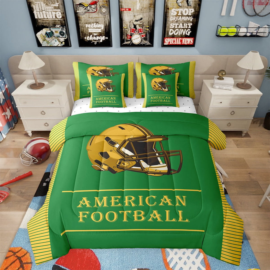 Erosebridal American Football 7 Piece Bedding Set Twin Size Rugby Theme Comforter Set with Sheets Teens Yellow Green Stripe Bed in a Bag Sport Helmet Bed Set