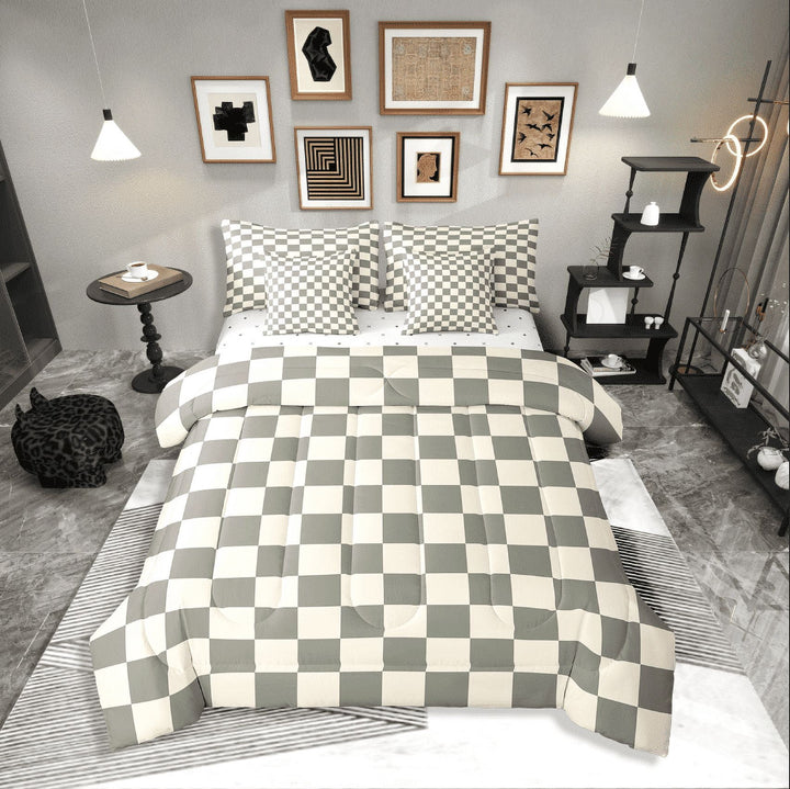 Erosebridal Plaid Square Bedding Sets Twin Size,Geometric Buffalo Comforter Sets with Sheets,Checkered Decor,Breathable,7-Piece