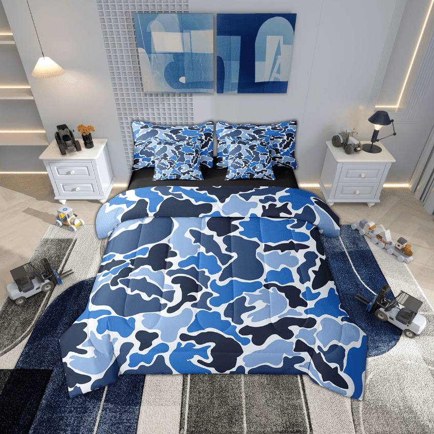 Erosebridal Blue Camo Bedding Sets Twin Size, Contemporary Camouflage Comforter Sets with Sheets, Abstract Art Room Decor, Reversible 7-Piece
