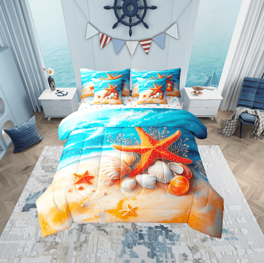 Erosebridal Orange Starfish Bed in a Bag Twin size, Sea Beach Bed Set, Blue Ocean Reversible Bedding Twin Size, Ultra Soft Bedroom Decoration, 7 Pieces