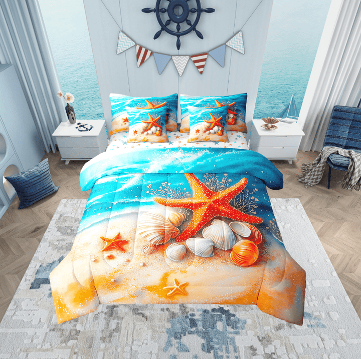 Erosebridal Orange Starfish Bed in a Bag Twin size, Sea Beach Bed Set, Blue Ocean Reversible Bedding Twin Size, Ultra Soft Bedroom Decoration, 7 Pieces