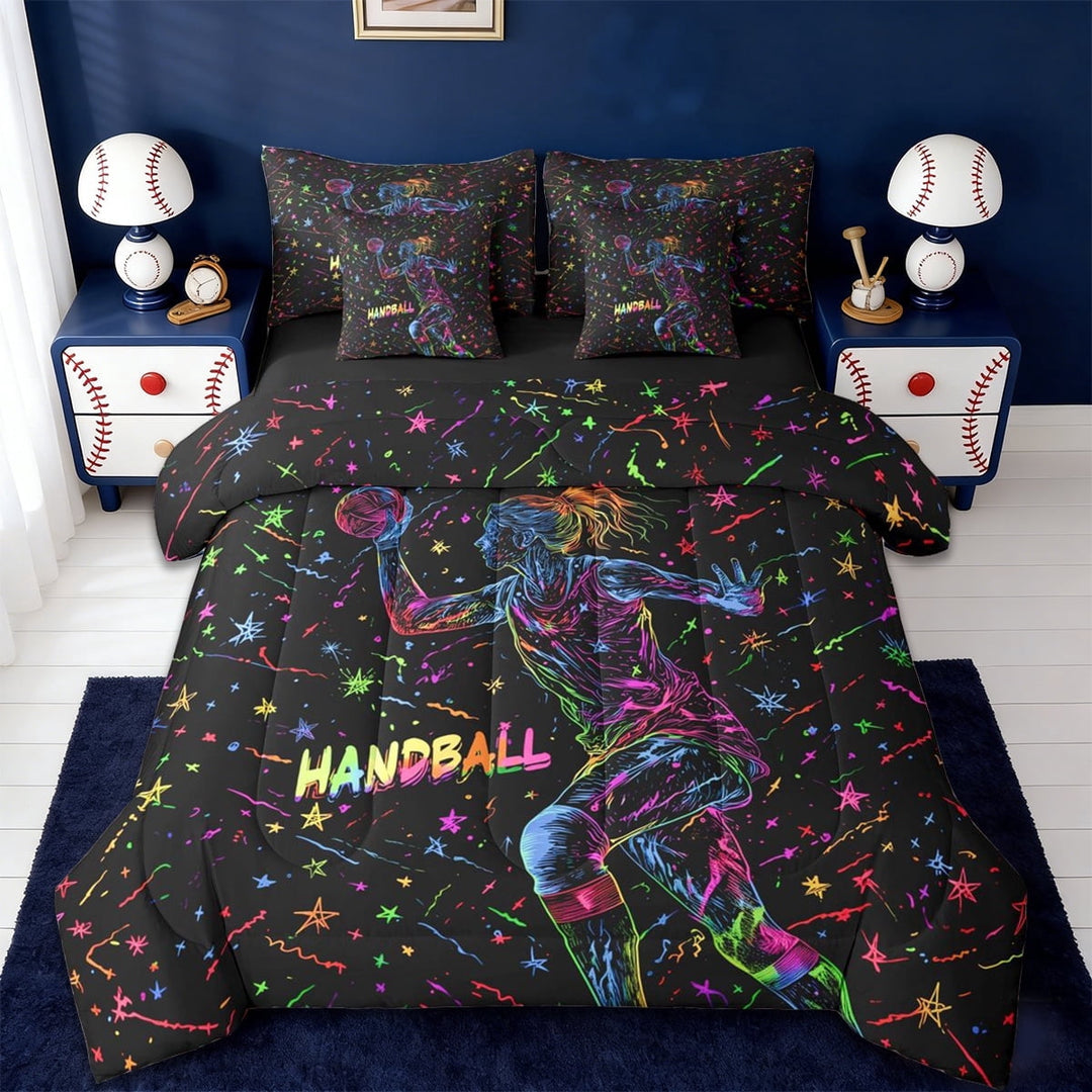 Erosebridal Rainbow Stars Print 7-Piece Twin Bedding Sets For Girls,Handball Ball Games Bedding Comforter Set,Reversible black