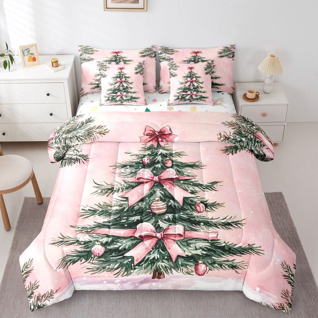 Cartoon Xmas Tree Bedding Comforter Sets 7 Pieces Princess Christmas Bed in a Bag Full, Pink Bowknots Bedding Set Happy New Year Festival Decorative Comforter Set, Watercolor Bedding Sets