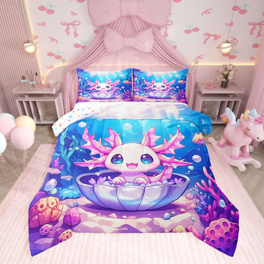 Erosebridal Kawaii Axolotl Bedding Twin Comforter Set,Ocean Animal Down Comforter,Bedroom Decor,Reversible,2-Piece