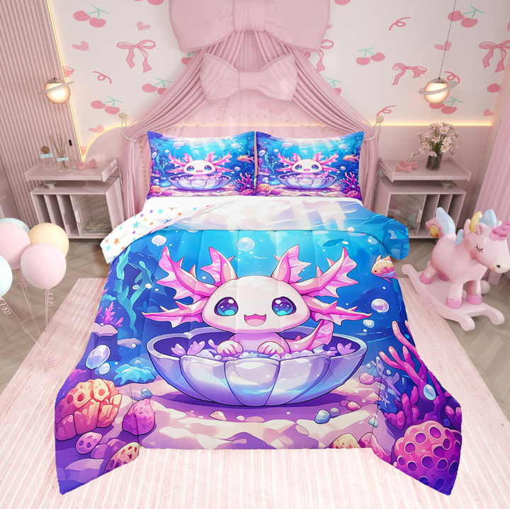 Erosebridal Kawaii Axolotl Bedding Twin Comforter Set,Ocean Animal Down Comforter,Bedroom Decor,Reversible,2-Piece