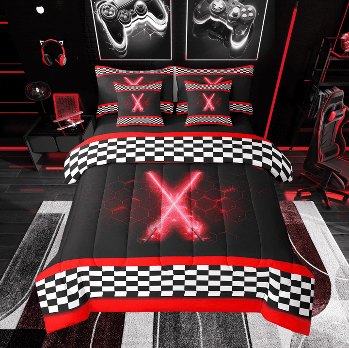 Erosebridal Red Lightning Bedding Twin Size, Sports Bedding Sets Twin Size, Geometric Stripes Decor, Reversible 7 Pieces
