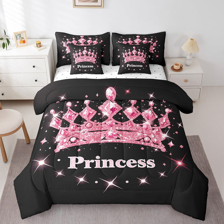 Erosebridal Princess Girly Comforter Set Queen 7 Piece Pink and Black Crown Bedding Set Room Decor,Birthday Decorations Bed in a Bag with Fitted Sheet,Flat Sheet,Pillowcases &amp; Shams