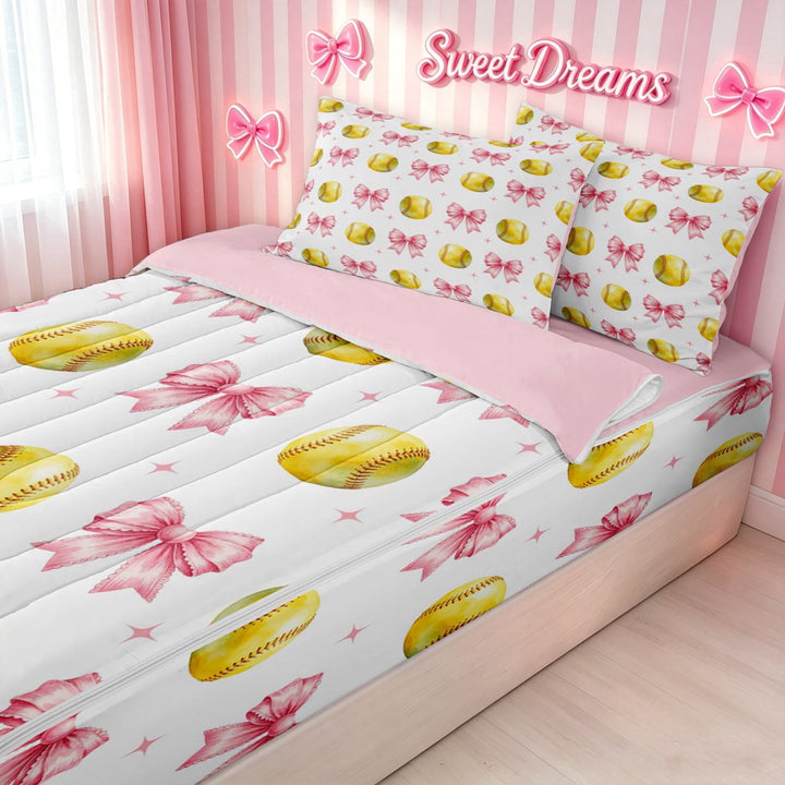 meiyoeat Yellow Softball Bow Zipper Twin Comforter Sets with Fitted Sheet and 2 Pillowcases for Girls, Kawaii Princess Ribbon Zipper Bedding Set, Pink Reversible, 4-Piece