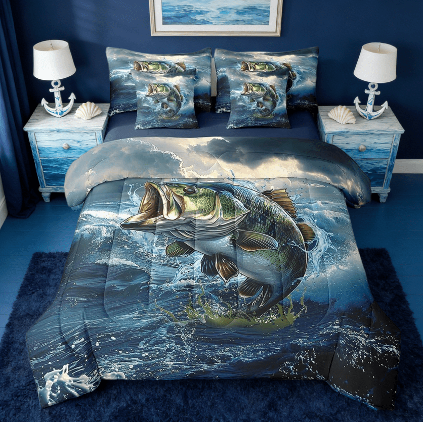Manfei Bass Big Fish 7 Pieces Bedding Comforter Set,Pike Fish Fishing And Hunting Ocean Theme Full Bedding Set Reversible