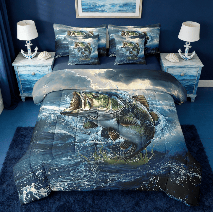 Manfei Bass Big Fish 7 Pieces Bedding Comforter Set,Pike Fish Fishing And Hunting Ocean Theme Full Bedding Set Reversible
