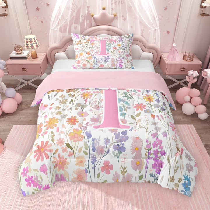 Erosebridal Erosebridal Girls Pink Floral Twin Comforter Sets, Garden Flower Bedding Set, Monogrammed T, Pink Reversible, 1 Comforter and 1 Pillowcase