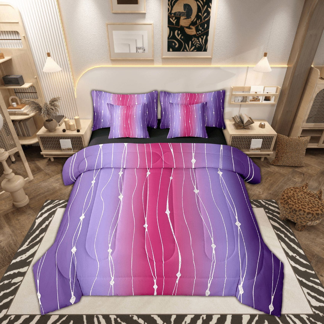 Purple and Pink Bedding Comforter Sets 7 Pieces Gradient Ombre Bed in a Bag, Wave Lines Dots Queen Bedding Sets Aesthetic Geometry Comforter Set Modern Abstract Bedding Sets &amp; Collections Room Decor