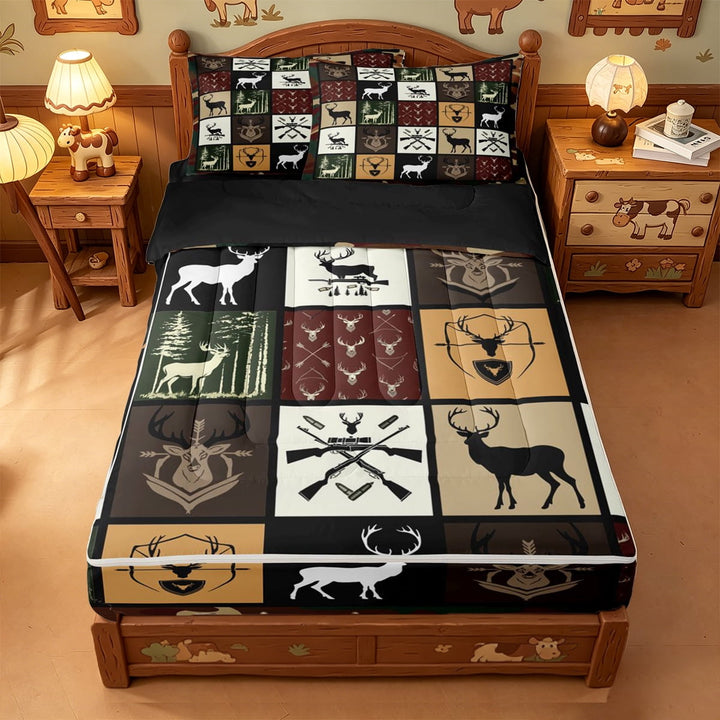 meiyoeat Rustic Farmhouse Hunting Zipper Twin Comforter Sets with Fitted Sheet and 2 Pillowcases For Boys,Safari Deer Patchwork Plaid Pattern Zipper Bedding Set,Black Reversible,4 Pieces