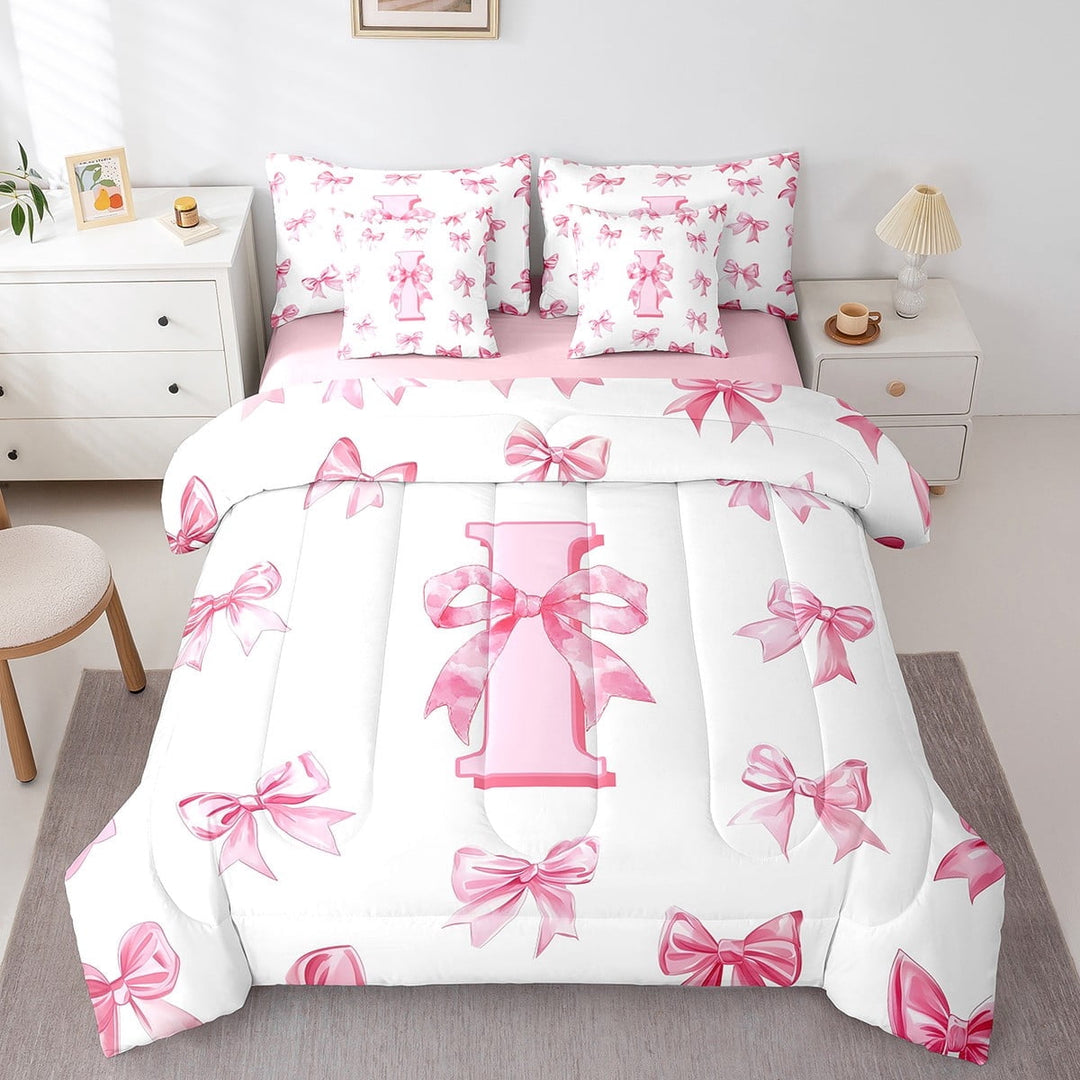 Erosebridal Letter Bedding Sets Twin Size For Teens,Pink Bowknot Comforter Sets with Sheets,Princess Room Decorative,Reversible,Breathable,7-Piece