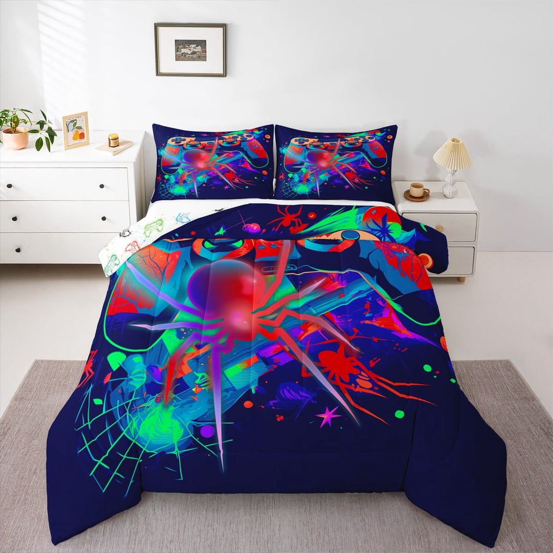 Gaming Comforter Set - Gamer Comforter Twin Bedding Sets , Ghost Spider Web Halloween Decorations Red Blue Green Gamer Room Decor