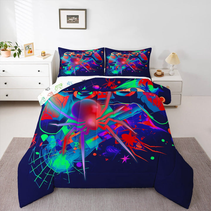 Gaming Comforter Set - Gamer Comforter Twin Bedding Sets , Ghost Spider Web Halloween Decorations Red Blue Green Gamer Room Decor