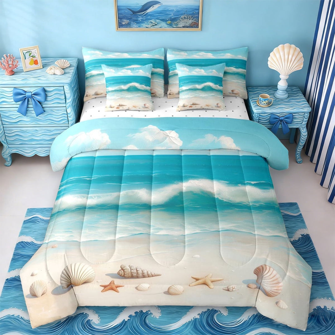 Erosebridal Ocean Seashell Starfish 7 Pieces Bedding Comforter Set,Hawaiian Beach Coastal Nautical Nature Theme Kids Full Bedding Set,Reversible