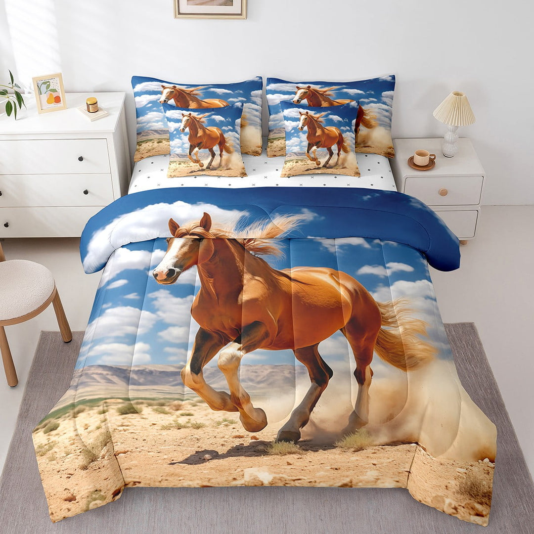 Erosebridal Comforter Set Queen Size, 7Pcs Wild Desert 3D Animal Galloping Horse Comforter Set With Sheets(1 Comforter, 1 Flat Sheet 1 Fitted Sheet 2 Pillowcases And 2 Throw Pillow Covers)