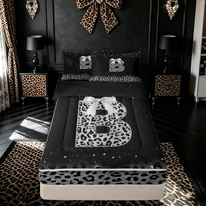 meiyoeat Leopard Print Bow B Initial Zipper Comforter Set with Fitted Sheet and 2 Pillowcases for Women, Sparkly Glitter Monogram Zipper Bedding Set, Black Silver, Black Reversible, 3pcs
